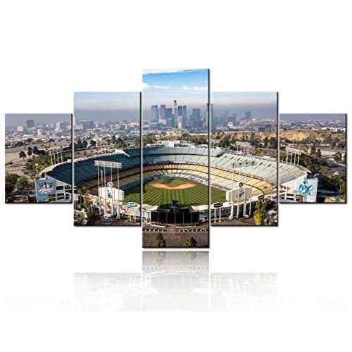 TUMOVO 5 Piece Los Angeles California Panoramic Skyline Cityscape Aerial Over Dodger Stadium Print On Canvas Wall Artwork Modern Photography Home Decor Stretched and Framed Ready to Hang - 60''Wx32''H