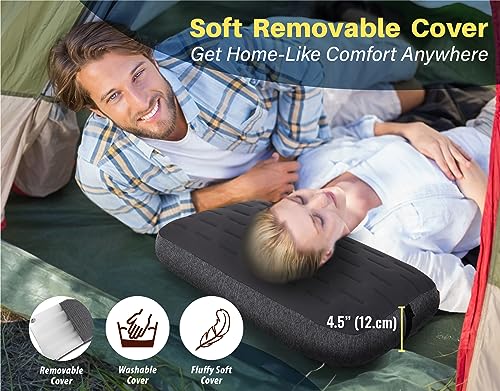 Inflatable Camping Pillow Large 24x15in with Removable Cover Gray