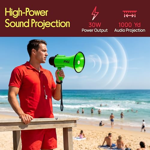 Pyle Rechargeable Green Megaphone with Siren & 30W Power, USB-C Fast Charging, 1200-Yard Voice Range for Crowd Control & Events