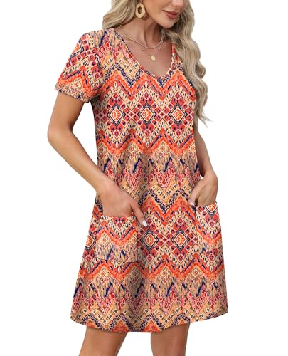 OFEEFAN Summer Dress for Women Floral 02 Large - Casual V-Neck T-Shirt Sundress with Pockets