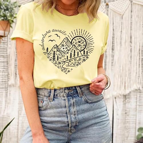 Women Adventure Awaits Outdoor Shirt - Nature Hike Lake Life Outfit, Medium Cream