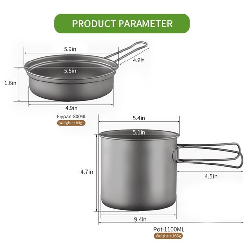 BY-J 2 Piece-Set Titanium Bowl Pot Set with Folding Handle, Outdoor Camping Picnic Pan, Ultralight Cooking Tableware Picnic Dishes