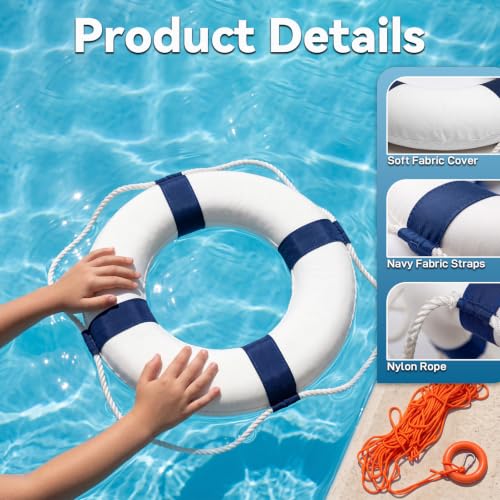 White-Blue 20 Inch Life Preserver Ring with 98.4ft Floating Rope - Pool & Boat Safety Float - Throwable Lifebuoy Set