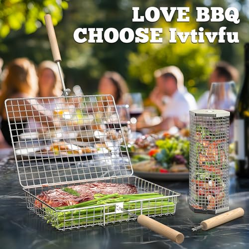 BBQ Grill Basket Set with Removable Wooden Handle, Stainless Steel Outdoor Cooking Accessories