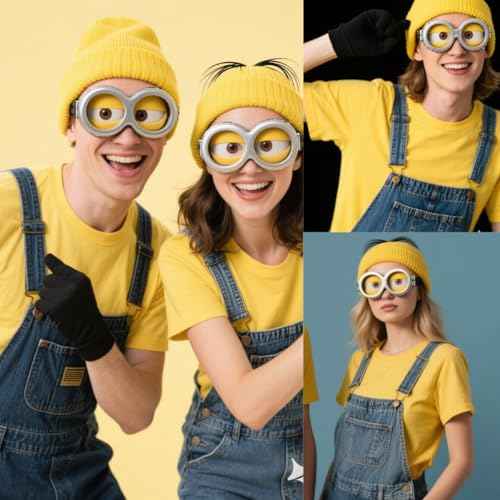 Women Men Halloween Costume Accessory Set, Yellow Knit Beanie Hat with Goggles and Black Gloves, 3-Piece