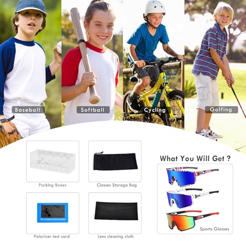 MVPTGRS Youth Baseball Sunglasses for Boys Girls Age 8-14 TR90 Frame Kids Sport Sunglasses for Softball Cycling Baseball Golf