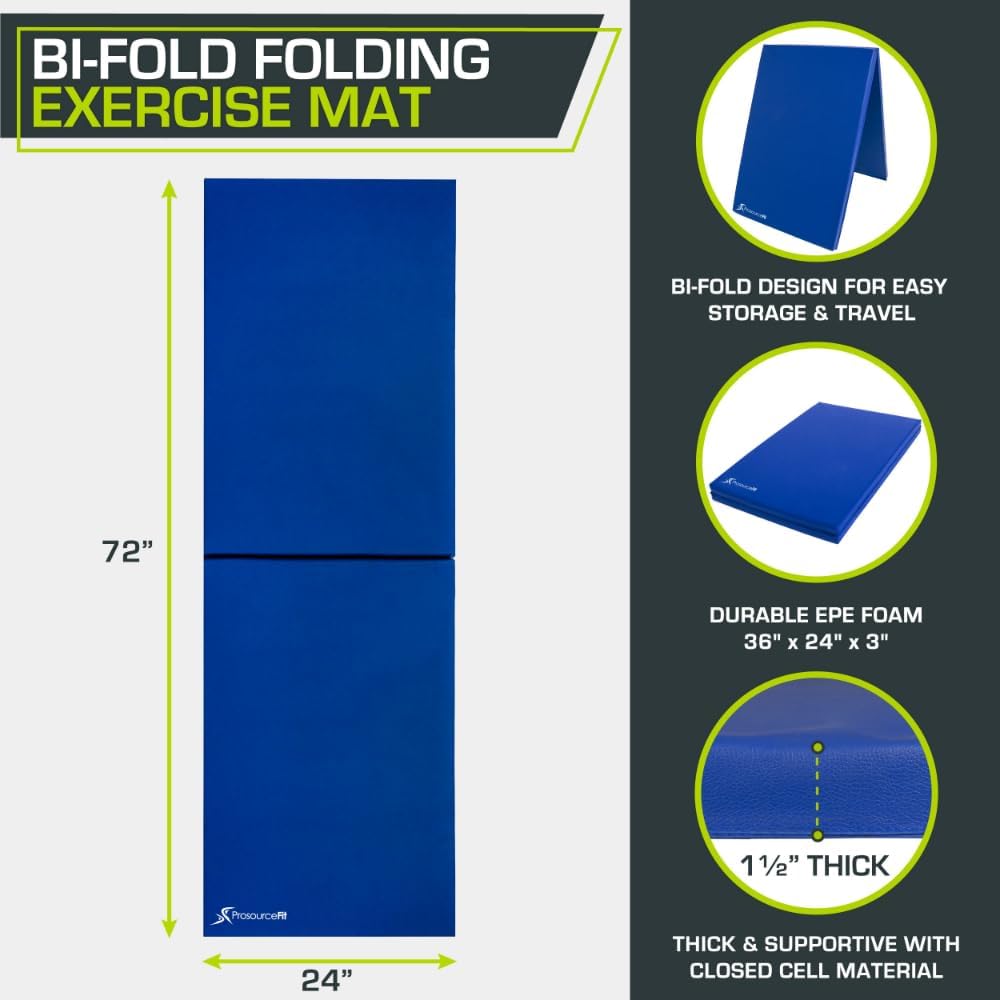ProsourceFit Bi-Fold Folding Thick Exercise Mat 6’x2’ with Carrying Handles for MMA, Gymnastics Core Workouts, Blue