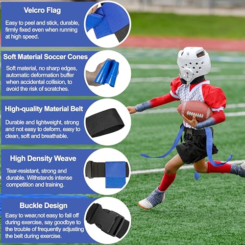 Flag Football Belts Set with 42 Flags, 8 Practice Cones & Carry Bag - 14 Player Adjustable
