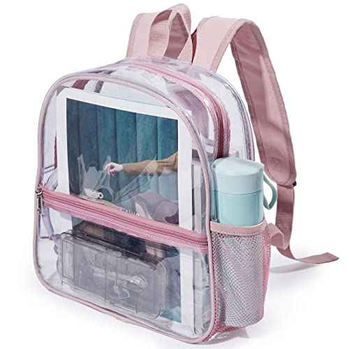Mini Clear Backpack 12"x6"x12" Stadium Approved See Through Bag Waterproof PVC Small Transparent Backpacks for Festival Sport Event Concerts, Rose Gold