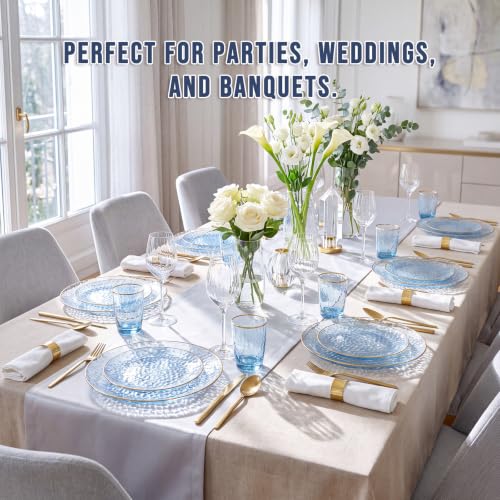 Clear Blue Plastic Plates with Gold Rim - Hammered Design, Disposable Party Dinner & Dessert Plates, 60Pcs, Variation: Clear Blue Gold