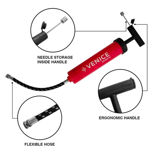 VENICE SPORTS Ball Pump Kit - 8" - Perfect for Soccer Balls Volleball Basketball Football and More - Complete Hand Pump Kit with Needles, Flexible Hose and Carry Bag (Red)