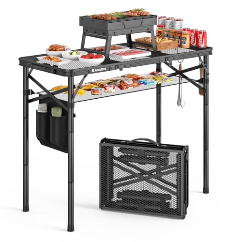 Portable Folding Camping Grill Table - 35x16 Inch, Adjustable Height, Lightweight, Rust-Resistant Outdoor Table, Black
