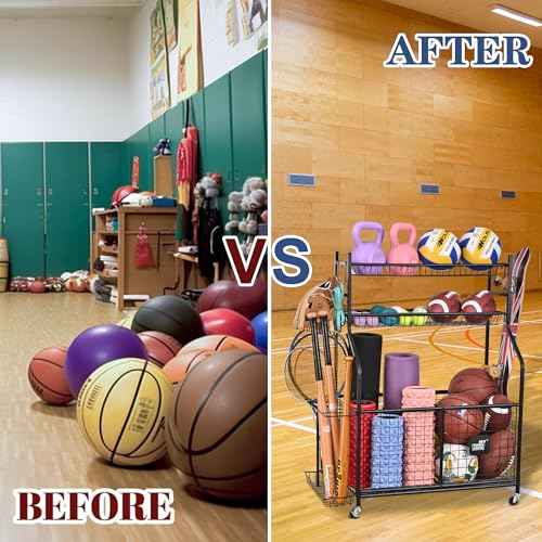 Mythinglogic Sports Equipment Garage Organizer,Garage Ball Storage for Sports Gear and Toys, Rolling Ball Cart with Wheels for Indoor/Outdoor Use