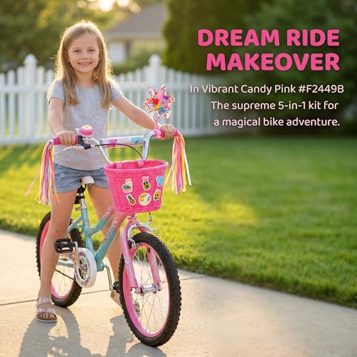 Pink Kids Bicycle Basket Set with Bell, Stickers, Windmill & Tassels