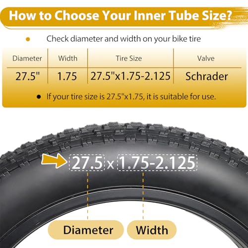 2 Pack 27.5 Inch Bike Tube, 27.5" Bicycle Tube for 27.5 x 1.75/1.9/1.95/2.0/2.1/2.125 Bike Tire, Butyl Rubber Inner Tube with 2 Tire Levers for Mountain MTB Bike