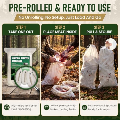 60 Inch Heavy Duty Elk Hunting Meat Bags 5-Pack - Reusable & Breathable Game Bags with Reflective Strip