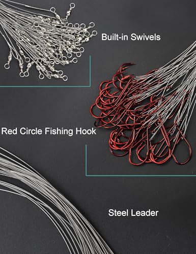 2/0 Saltwater Fishing Hooks with Steel Wire Leader - 50pcs, Pre-Rigged Circle Hooks for Toothy Fish
