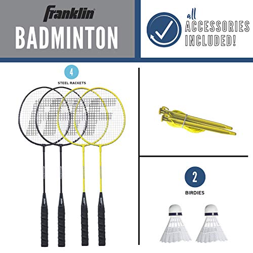 Franklin Sports Badminton Net Sets - Outdoor Backyard + Beach Badminton Net + Equipment Set - (4) Rackets + (2) Birdies + Portable Net Included - Adults + Kids Set
