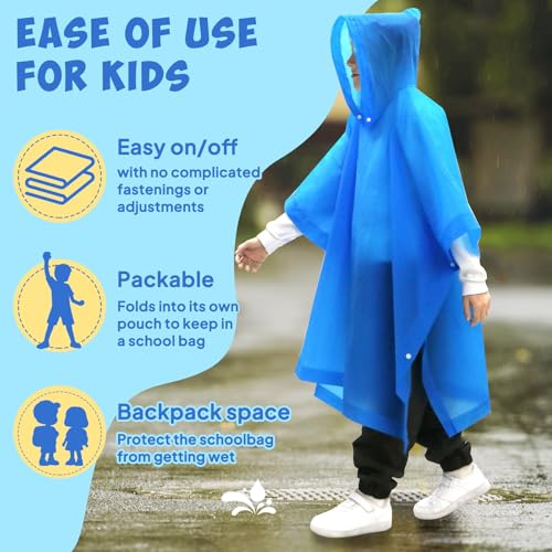 Kids Waterproof Reusable Rain Poncho Set - Blue 2 Pack - Hooded Outerwear for Boys & Girls