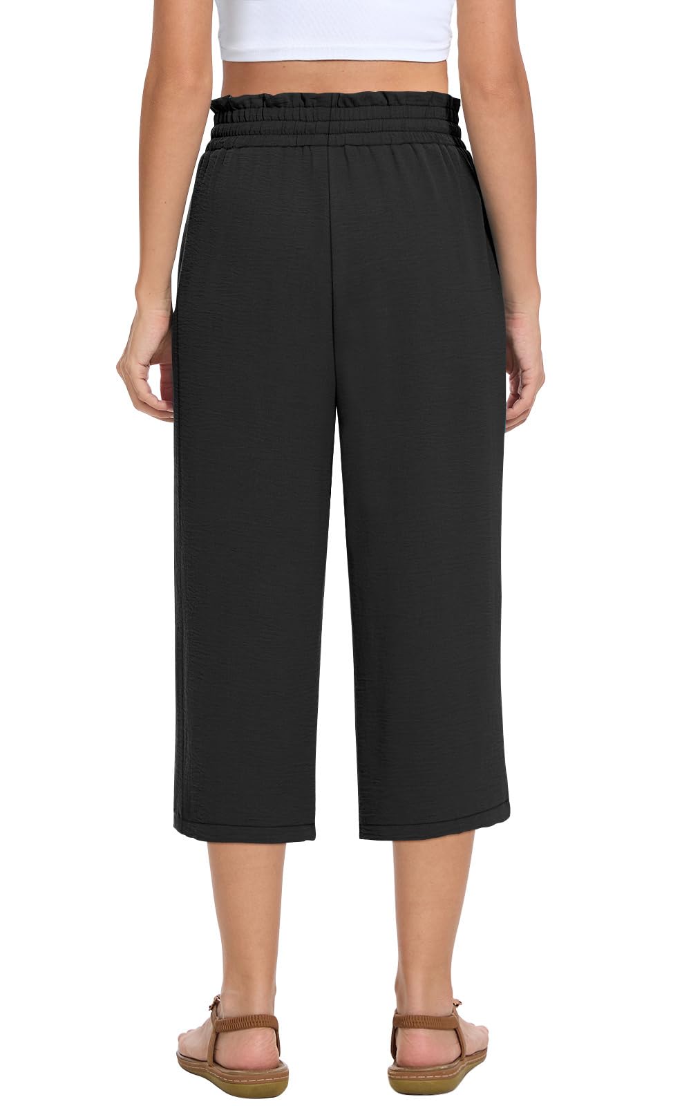 MLXSJ Womens Capri Pants Summer Wide Leg High Waisted Pants Drawstring Casual Trousers with Pockets (Black, XL)