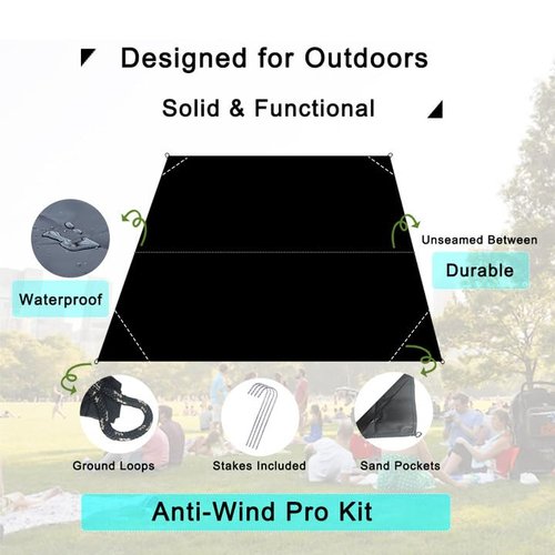 Legnowit Outdoor Pocket Blanket, 55"x39" Waterproof Foldable Compact Small Pincic Blanket, Ultralight Tarp for Camping, Festival, Beach, Hiking, Backpacking, Travel and More, Stakes Included (Black)