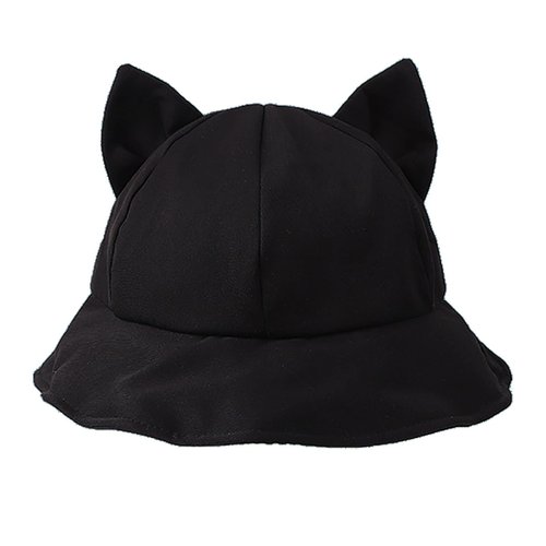 Women's Cat Ear Bucket Hat Cute Fishing Hat for Girls Cotton Sun Hat Y2K Style Bucket Cap for Daily, Festival (Black)