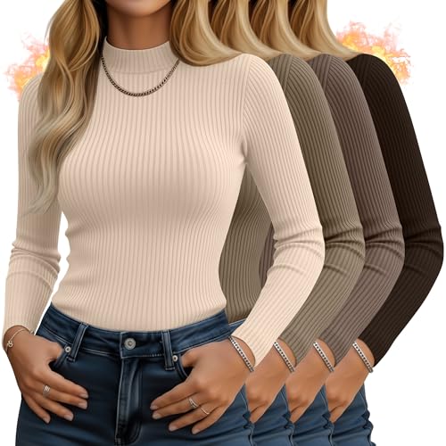 Women's Ribbed Thermal Mockneck Long Sleeve Tops - Medium Dark Brown Mocha Light Khaki Apricot
