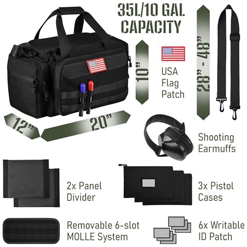 Tactical Gun Range Bag with Pistol Cases, MOLLE Organizer & Ear Protection