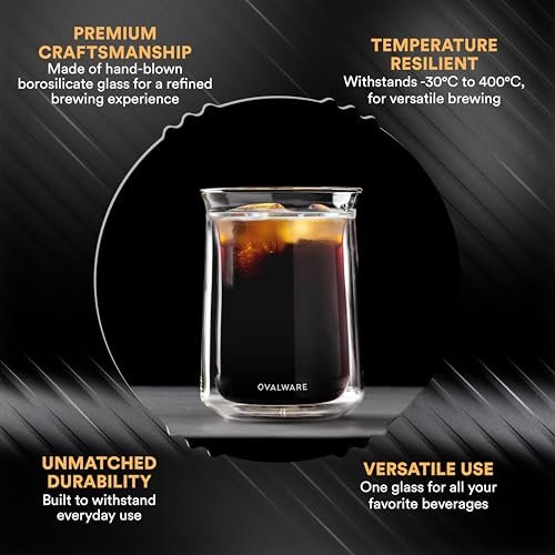 Ovalware Double Wall Insulated Glass Cup Set 11.8oz – Borosilicate Coffee Tea Whiskey