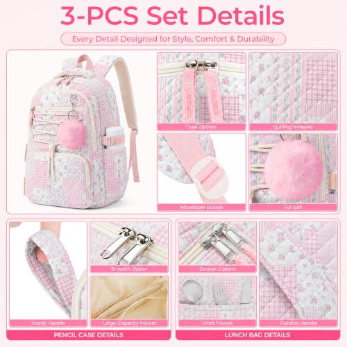 WOBAGMEN Pink Floral Patchwork Girls Backpack Set with Lunch Bag & Pencil Case - Medium, Quilted, 3-Piece School Bag