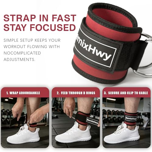 Red Pair Fitness Ankle Straps for Cable Machine - Neoprene Padded, Adjustable, Glute & Leg Workout Attachments