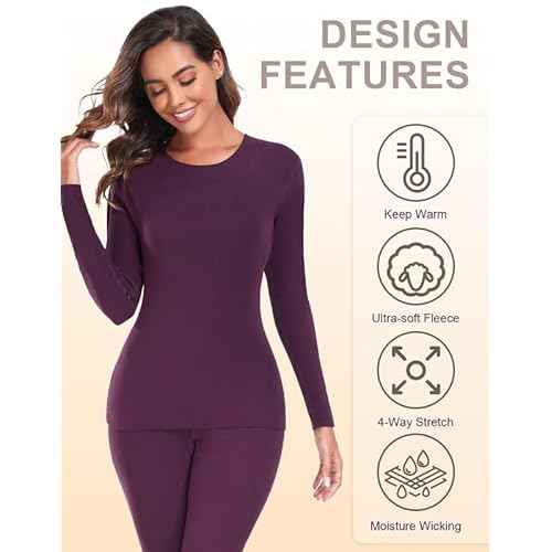 YADIFEN Women Thermal Underwear Set,Long Johns for Women Base Layer with Fleece Lined Long Underwear Top Bottom Cold Weather Purple
