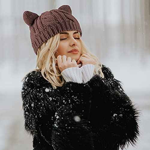 SATINIOR Cute Cat Ear Beanie Hat Cat Knitted Hat Winter Cable Knit for Women