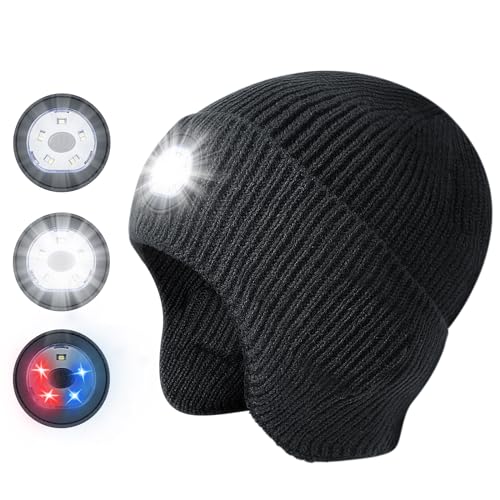 LED Beanie with Light - Unisex USB Rechargeable Earflap Hat for Fishing, Jogging, Working - Black Adult
