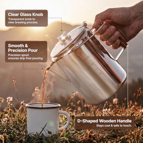 Large Capacity Stainless Steel Coffee Percolator Pot - 12 Cup Silver - Camping & Outdoor