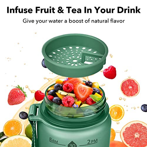 32oz Water Bottle with Time Marker & Strap - Green Motivational Drinkware