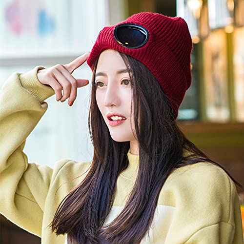 Unisex Knitted Goggles Beanie - Winter Stylish Skull Warm Cap, Outdoor Sports Fashion Fleece Lining Stretchy Hat
