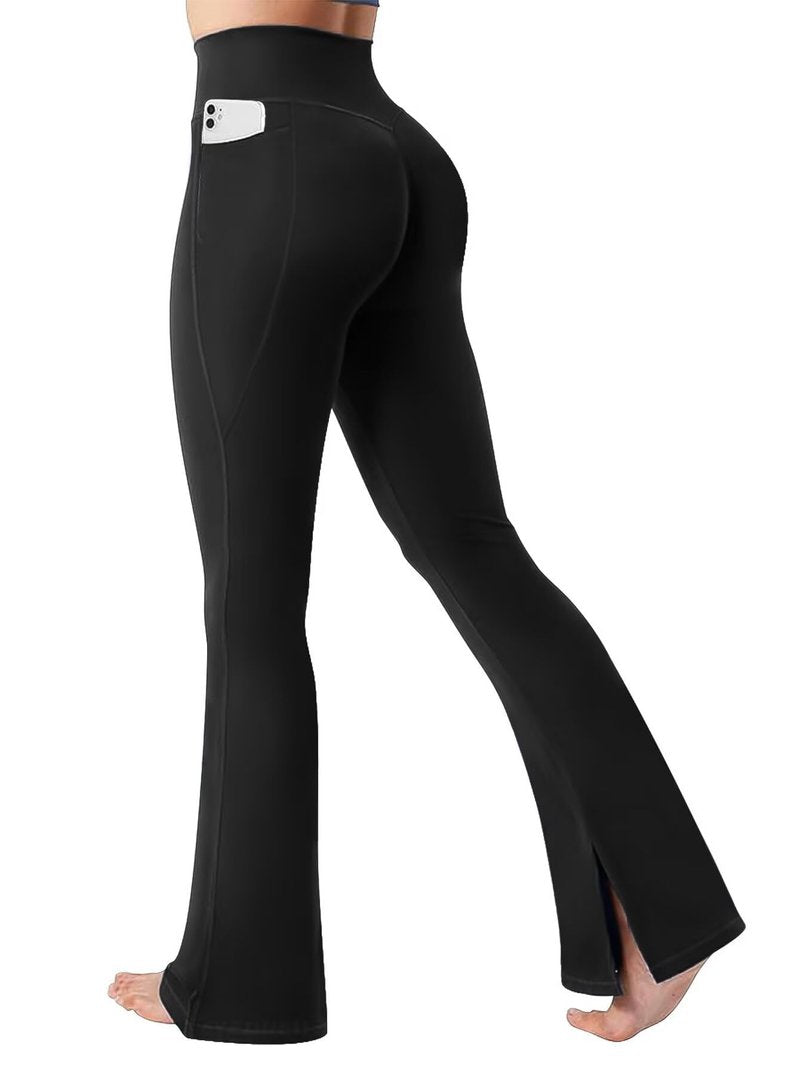 Flamingals Women's Butt Lifting Flare Leggings with Pockets High Waist Tummy Control Hidden Scrunch Mini Flared Yoga Pants Black L