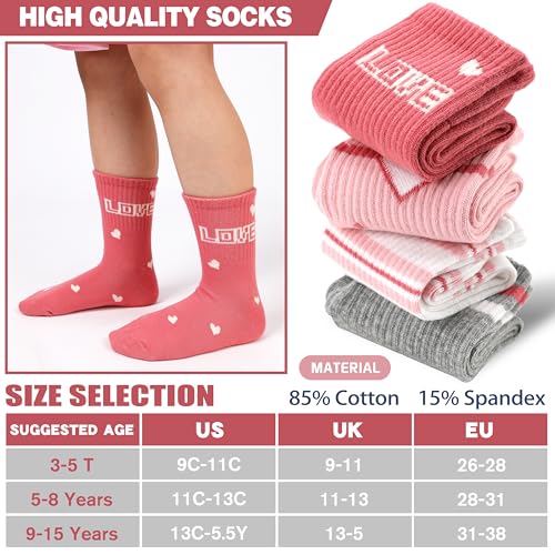 Kids Girls Socks 6 Pairs Athletic Sport Basketball Crew Breathable Cotton White Pink Heart 9-15 Years