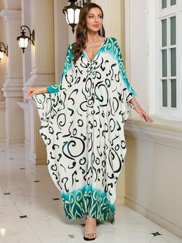 Plus Size Kaftan Dress for Women Abstract Pattern One Size African Moo Moo Batwing Beach Cover Up