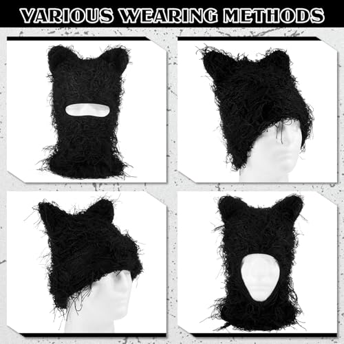 Newcotte Black Distressed Balaclava Ski Mask with Cat Ear Knitted Beanie Y2k Full Face Mask Furry Cap Windproof Winter Hat Neck Warmer for Men Women