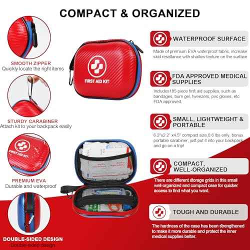 Small First Aid Kit - 185 Pieces Waterproof Emergency Kit for Home, Car, Office, Travel, Camping, Hiking & Outdoor - Portable Hard Case Survival Kit with Premium Supplies(Blue/Red)