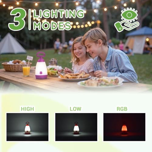 Kids Camping Lantern & Night Light Battery Powered (AAA Included), 360¡Æ Eye-Safe Light, IPX4 Waterproof with RGB Modes Portable for Outdoor, Emergency & Bedtime, Gift for Children (Purple)