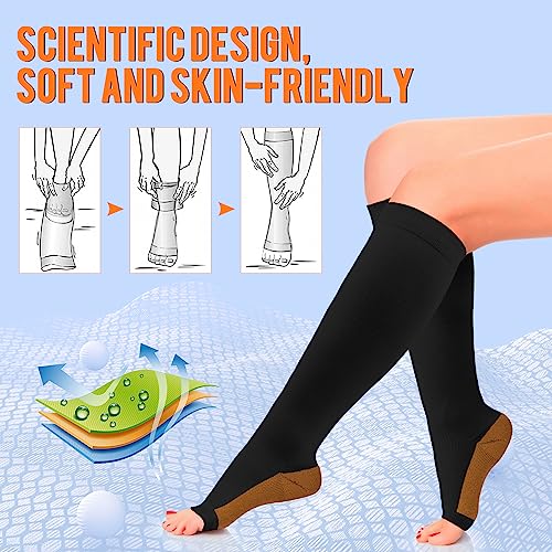 Copper Compression Socks for Men & Women 15-20mmHg Open Toe Support Black 3X-Large