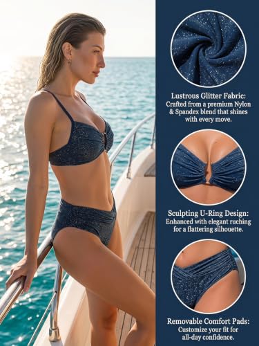 High Waisted Bikini Set for Women - U Wire Ruching Two-Piece Swimsuit - Large/Navy Blue