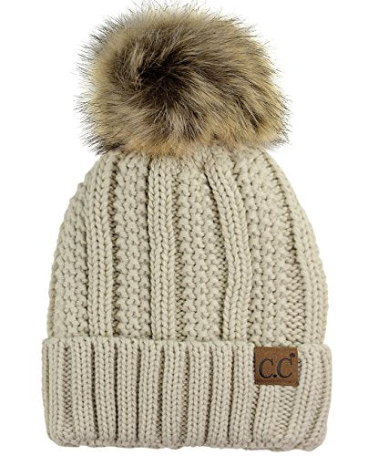 Beige Faux Fuzzy Fur Pom Beanie Hat - Thick Cable Knit Skull Cap with Cuff