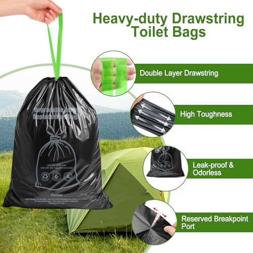 BLIKA Camping Toilet Bags Eco Absorbent Gel Set, Drawstring Portable Toilet Bags with Gel, 8 Gallon (30L) Heavy Duty 1.97 Mil, Toilet Replacement Bag with Toilet Powder for Camping Outdoor Hiking