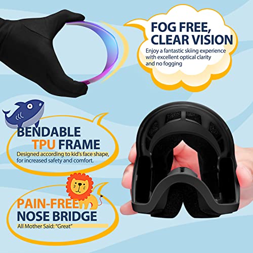 Kids Ski Goggles Rimless Mirrored Lens for Youth Ages 5-14 - Black