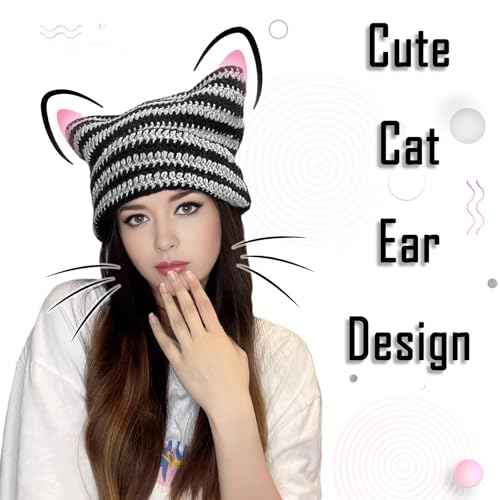 Y2K Beanie for Women Crochet Hat with Cat Ear Cute Fox Hat Vintage Grunge Accessories Knit Cap Slouchy Beanie