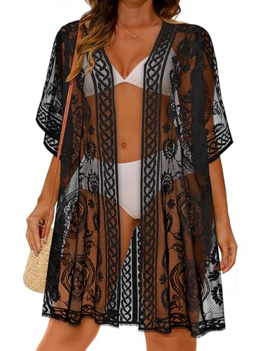 Women's Lace Open Front Bikini Cover Up - Solid Black - Beach Swimsuit Cover